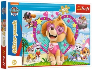 Trefl – Brokatowe puzzle 100 elementów – Psi Patrol w blasku Skye – 14818