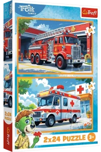 Trefl 34447 Puzzle 2x24 el. Rodzina Treflików Wóz strażacki i karetka